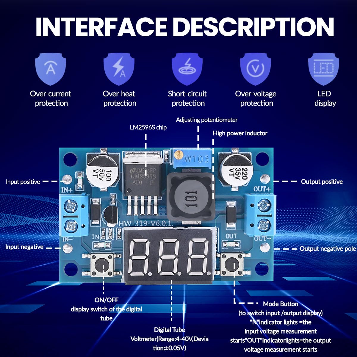 Seloky LM2596 Adjustable DC-DC Step-Down Buck Converter Module with LED Voltmeter Display, Voltage Regulator 4.0-40V Input to 1.25-37V Output Power Supply Module (Pack of 2)