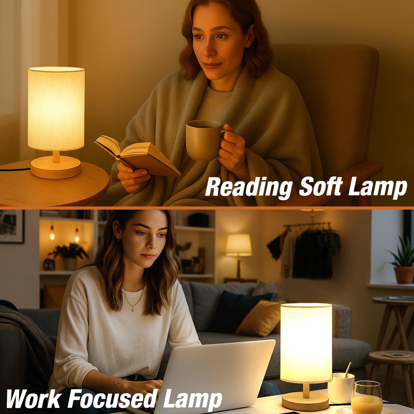 EZIYIN Desk Lamp LED Bulb Included, Small Bedside Table Lamp Plug-in - Classic Wood Base with Flaxen Fabric Shade, Lamps for Night Stands, Simple Nightstand Light for Bedroom, Office, Desk
