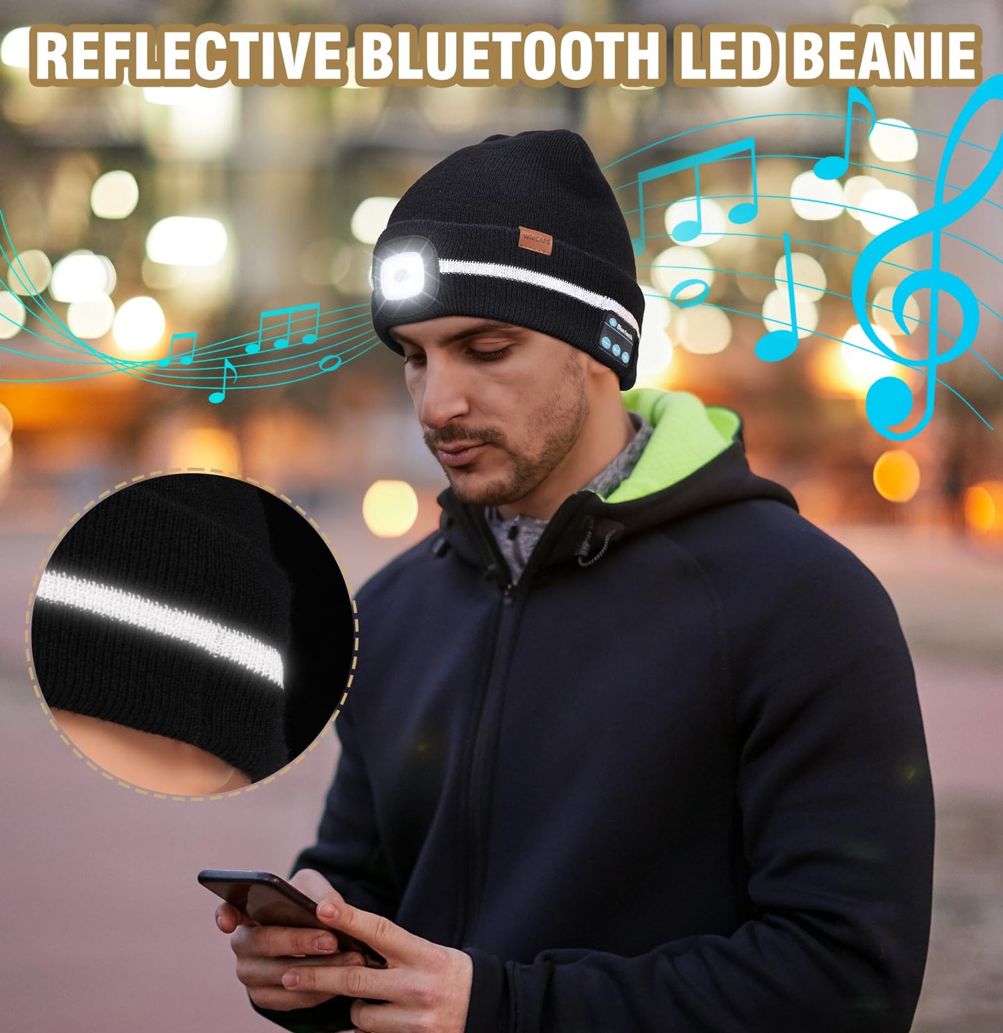 Wmcaps Reflective Stripe Bluetooth Beanie with a Light High Visibility Winter Hat with Light and Speakers Gifts for Men Dad Fluorescent Yellow