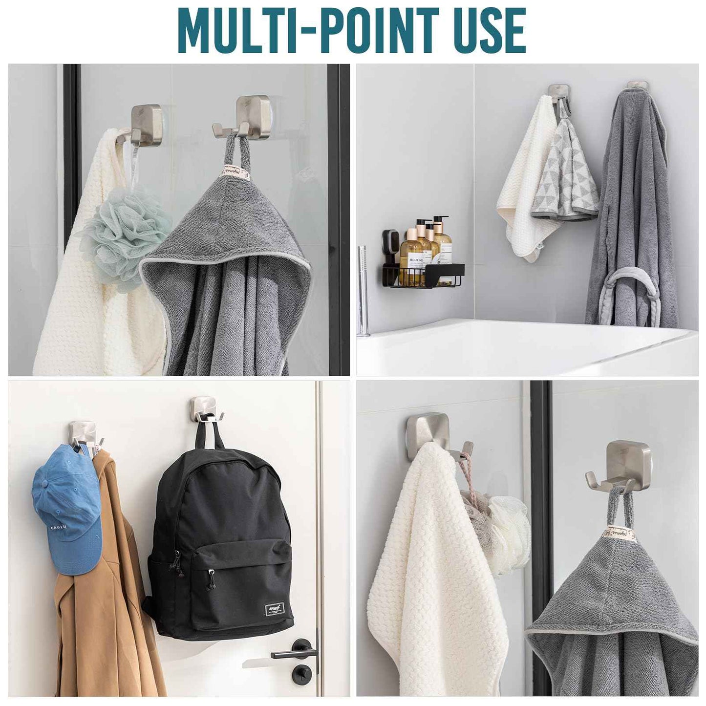 TAILI Stylish 304 Stainless Steel Bathroom Suction Hooks for Towel, Bathrobe, Loofah, No Damage Hanging Glass Shower Wall Hook, Patented Strong Suction Cup Holder, Hold Up to 11 Lbs, U-Cuboid Silver