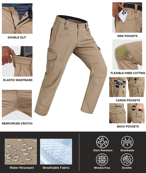 Zoofly Mens Work Pants with Pockets Water Resistant Cargo Pants for Men Elastic Waist Climbing Hiking Pants Ripstop Khaki 34W*30L