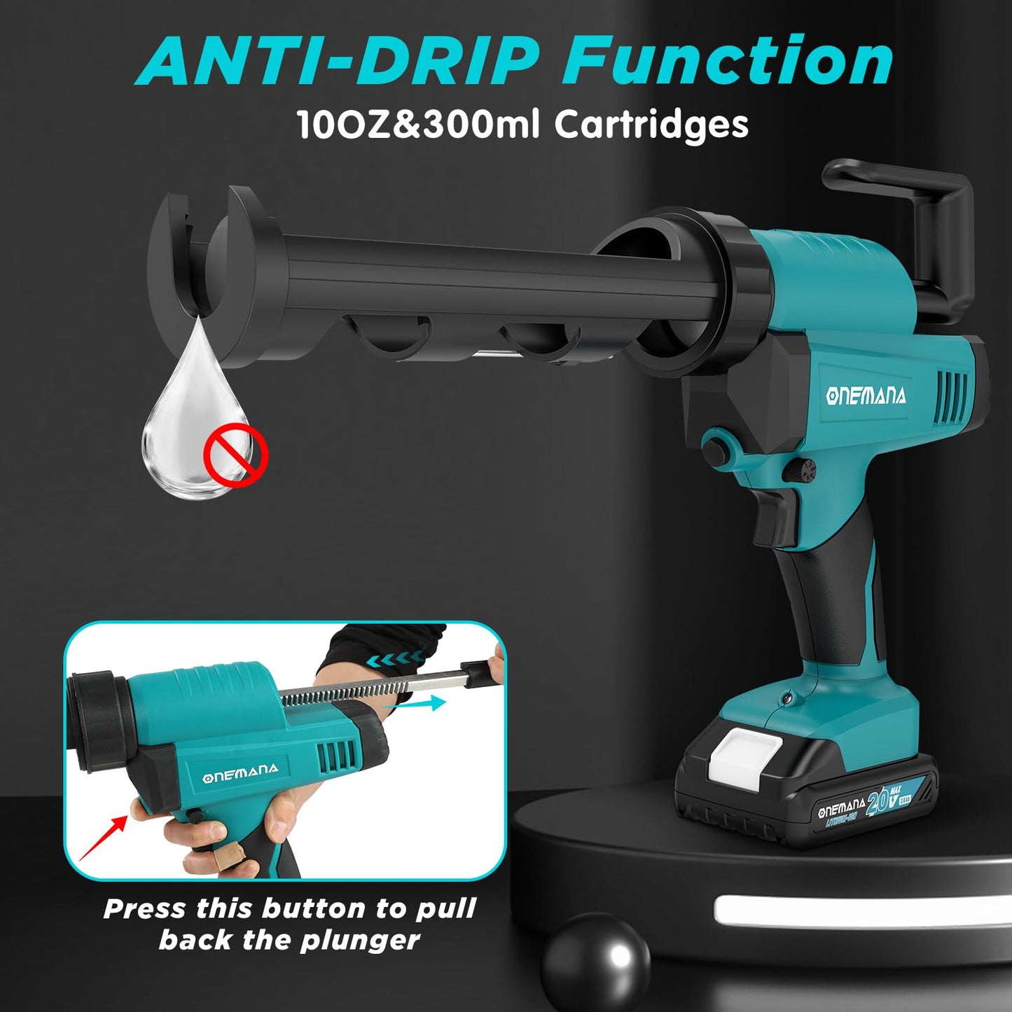 Cordless Caulking Gun, 20V Electric Caulk Adhesive Gun ONEMANA 6 Speed Anti-Drip Max 6500N Force 10oz/300ml Cartridges Caulking Tool with 2.0Ah Battery and Charger