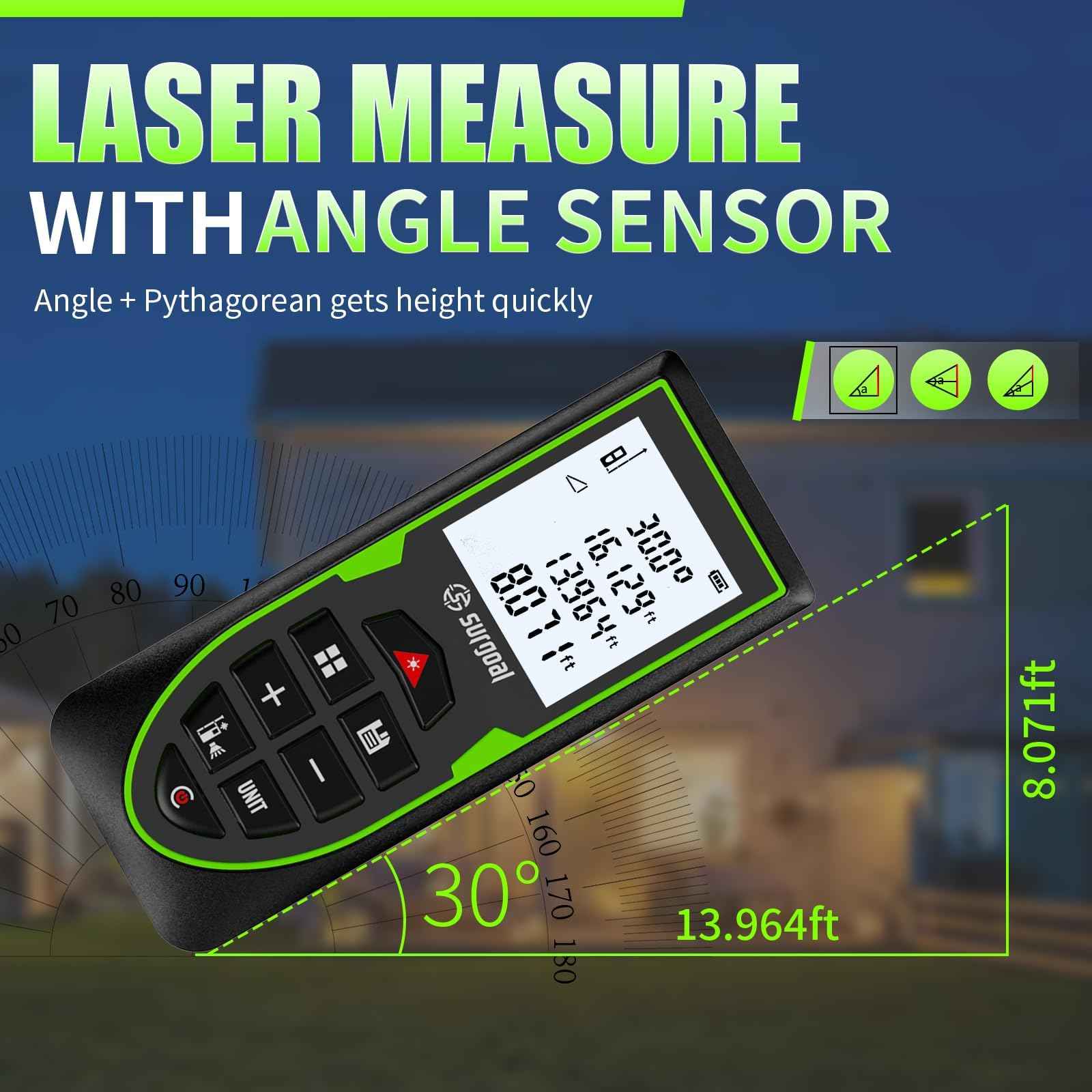 Green Laser Distance Meter 196ft – USB Rechargeable Digital Laser Measure with Angle Sensor, Backlit LCD, Area/Volume/Pythagorean, ±3mm Accuracy, Electronic Measuring Tool for Construction & DIY