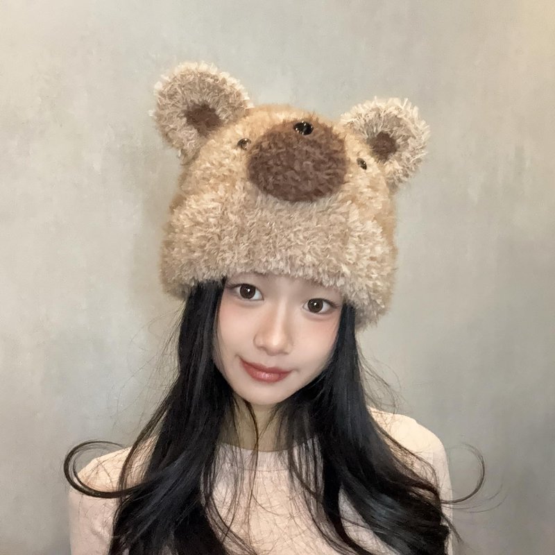 URAWOW Kawaii Bear Beanie Plush Hand Knitted Beanie Skull Cap Fur Fuzzy Furry Winter Hats for Man Women Accessories Brown