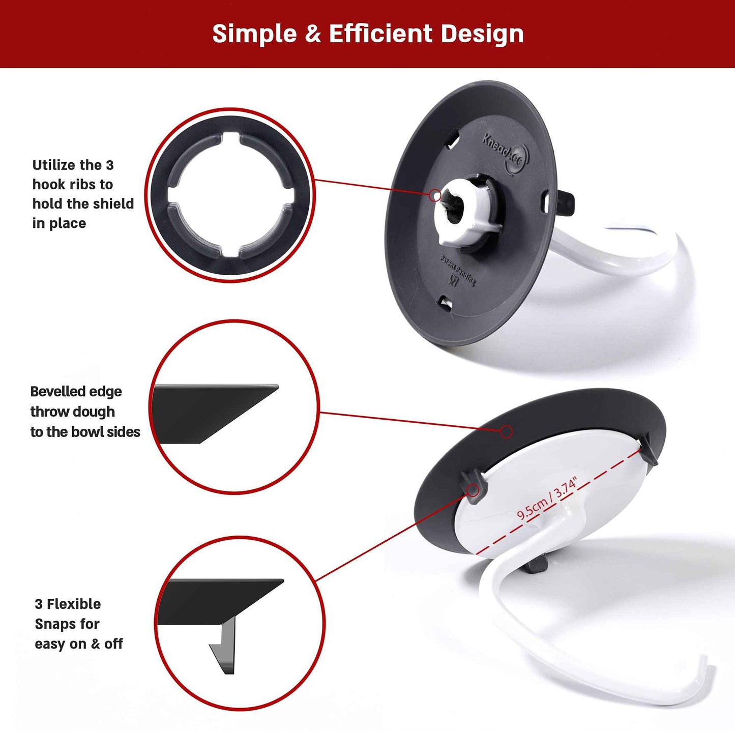 KneadAce Dough Hook Shield For Kitchen Aid - Prevents Your Dough from Climbing Up and Clogging Up Your Mixer – Mess Free Mixer Accessory Compatible With Most KitchenAid C Shape Dough Hooks (Red)