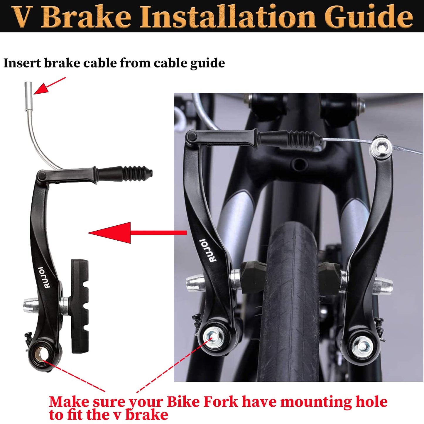 RUJOI Bike V-Brake Set, Aluminum Alloy 110 mm Arms, Front & Rear Calipers with 4 V-Brake Pads and Mounting Bolts, Universal Fit for MTB/BMX/Road, Black