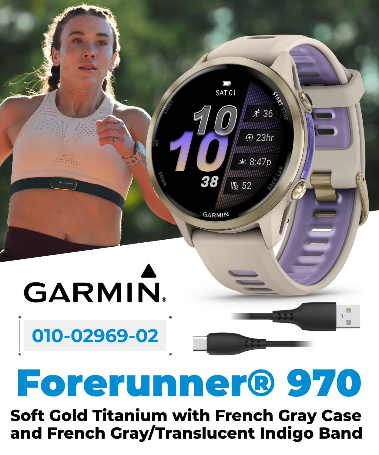 Wearable4U Garmin Forerunner 970 Soft Gold Titanium Smartwatch with French Gray Case and French Gray/Translucent Indigo Band, AMOLED Display with Garmin HRM 600 S Power Bank Bundle
