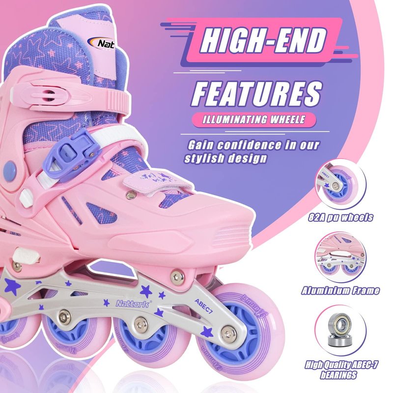 Nattork Inline Skates for Girls and Boys Kids, 4 Sizes Adjustable Inline Skates with Light up Wheels, Illuminating Beginner Roller Skates for Kids & Adult Youth Teal Age 10-12 Size 5 6 7 8
