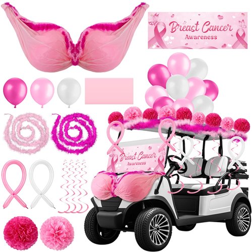 Soulchen 67 Pcs Breast Cancer Awareness Golf Cart Decoration Breast Cancer Pink Ribbon Flag Banner Balloon Swirls Tablecloth Fur Strips Trim Paper Flower for Golf Cart Party (Ribbon Pattern Banner)