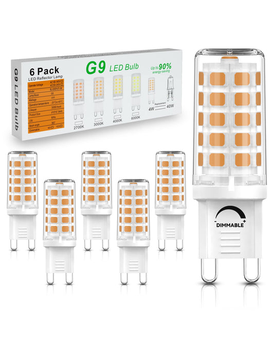 6 Pack G9 LED Bulbs Dimmable, 2700K Soft Warm White, 4W (40W Halogen Equivalent), Bi-Pin G9 Base, 120V 400 Lumens, 360° Beam Angle, 1.5 Inches Tall, Perfect for Chandeliers & Decorative Lighting