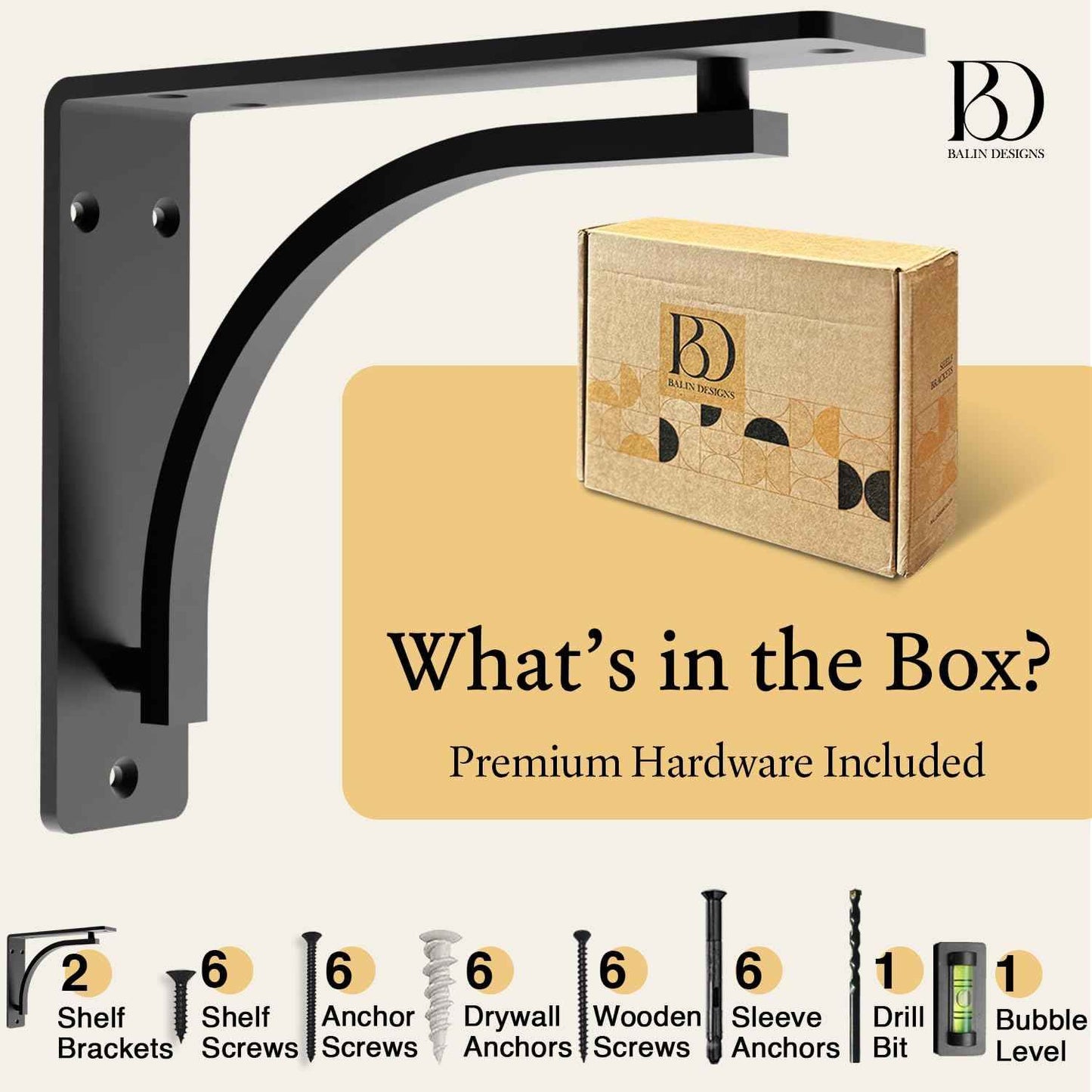 Heavy Duty 8-Inch Black Shelf Brackets - Wall Mounted L Bracket Set of 4 with Hardware