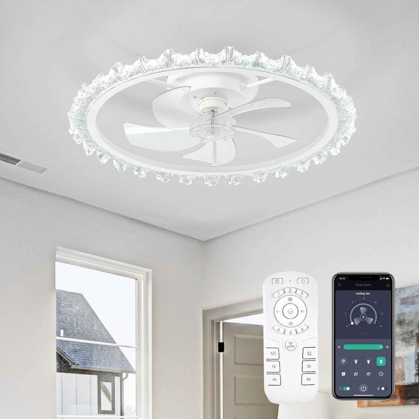 FTZVRD Ceiling Fans with Lights, 24 Inch Ceiling Fan with Light and Remote, Low Profile, Reversible, Dimmable LED, Flush Mount, DC Motor, Fandelier White Ceiling Fan for Bedroom, Kitchen, Office