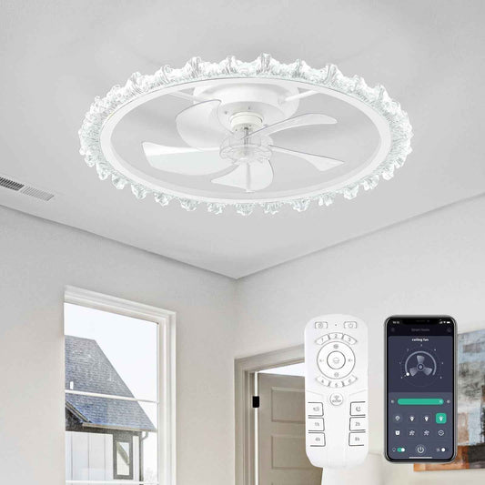 FTZVRD Ceiling Fans with Lights, 24 Inch Ceiling Fan with Light and Remote, Low Profile, Reversible, Dimmable LED, Flush Mount, DC Motor, Fandelier White Ceiling Fan for Bedroom, Kitchen, Office