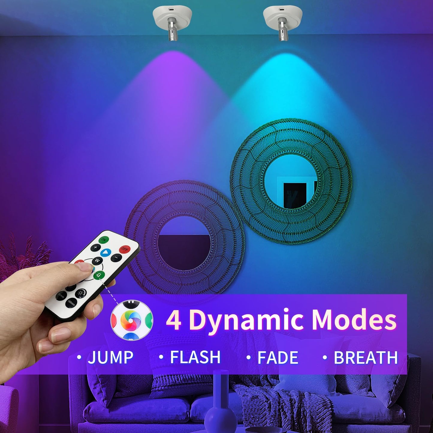 LED Wireless Spotlights with Remote,RGBW Rechargeable Up Lights Indoor,16 Color Changing Battery Operated Light with Timer Dimmable Accent Light for Grow Parties,White+Silver,2 Pack