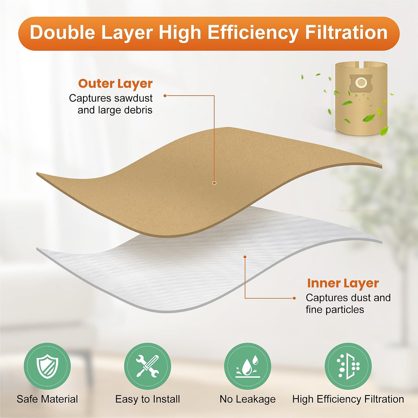 10 Pack DXVA19-4104 Vacuum Bags for DEWALT 5 to 8 Gallon Wet/Dry Vacuum, Disposable Workshop Large Capacity Replacement Dust Bag