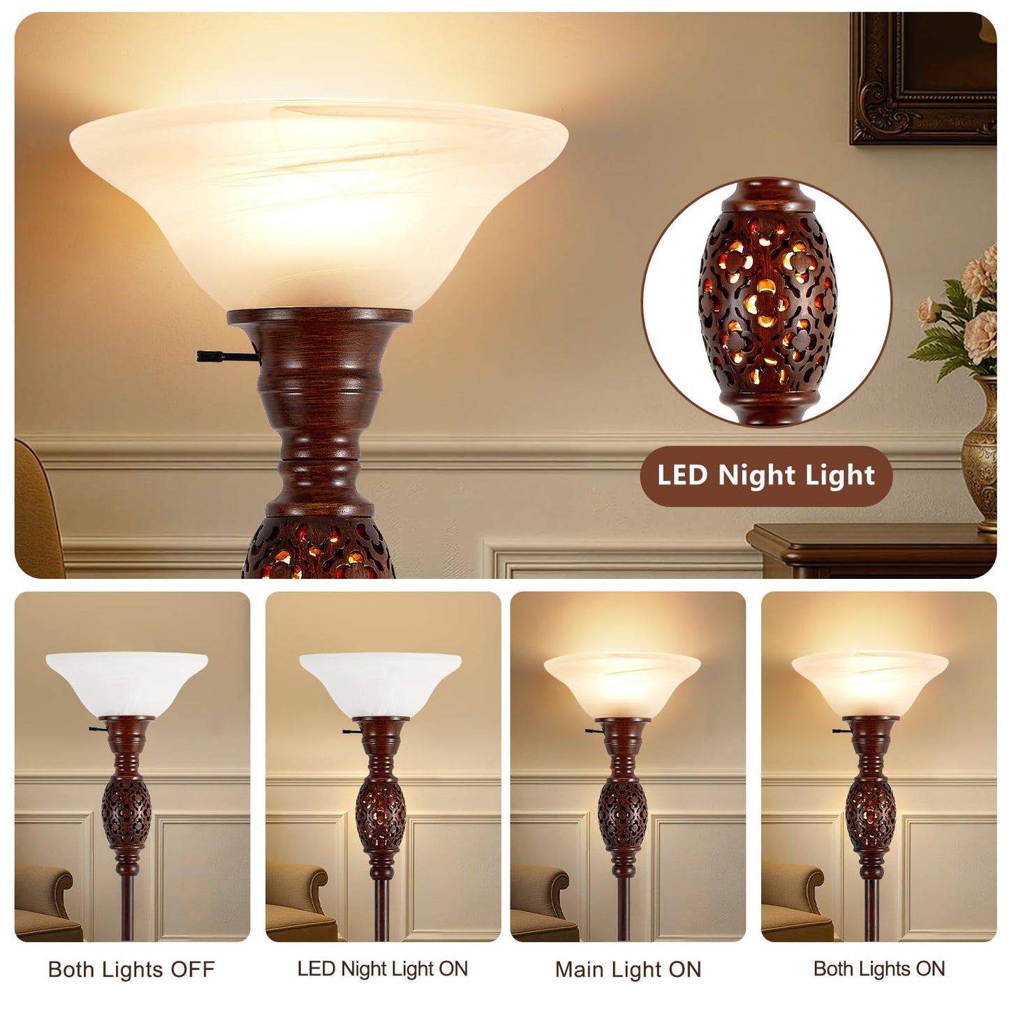 70" Torchiere Floor Lamp with NightLight - Victorian Style Standing Lamp for Living Room, Bedroom, Office - Retro Floor Lamps with Rotary Switch & Etched Glass Shade, Home Decor, Bulb Included