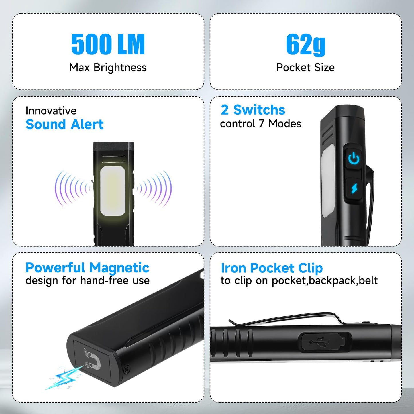 Annteneo Rechargeable EDC Flashlight with Sound Beeper, Portable Flat Pocket Flashlights, Small Magnetic Flashlight, 7 Mode Side Light Clip On Handheld Flashlight for Outdoor Home Working, Black