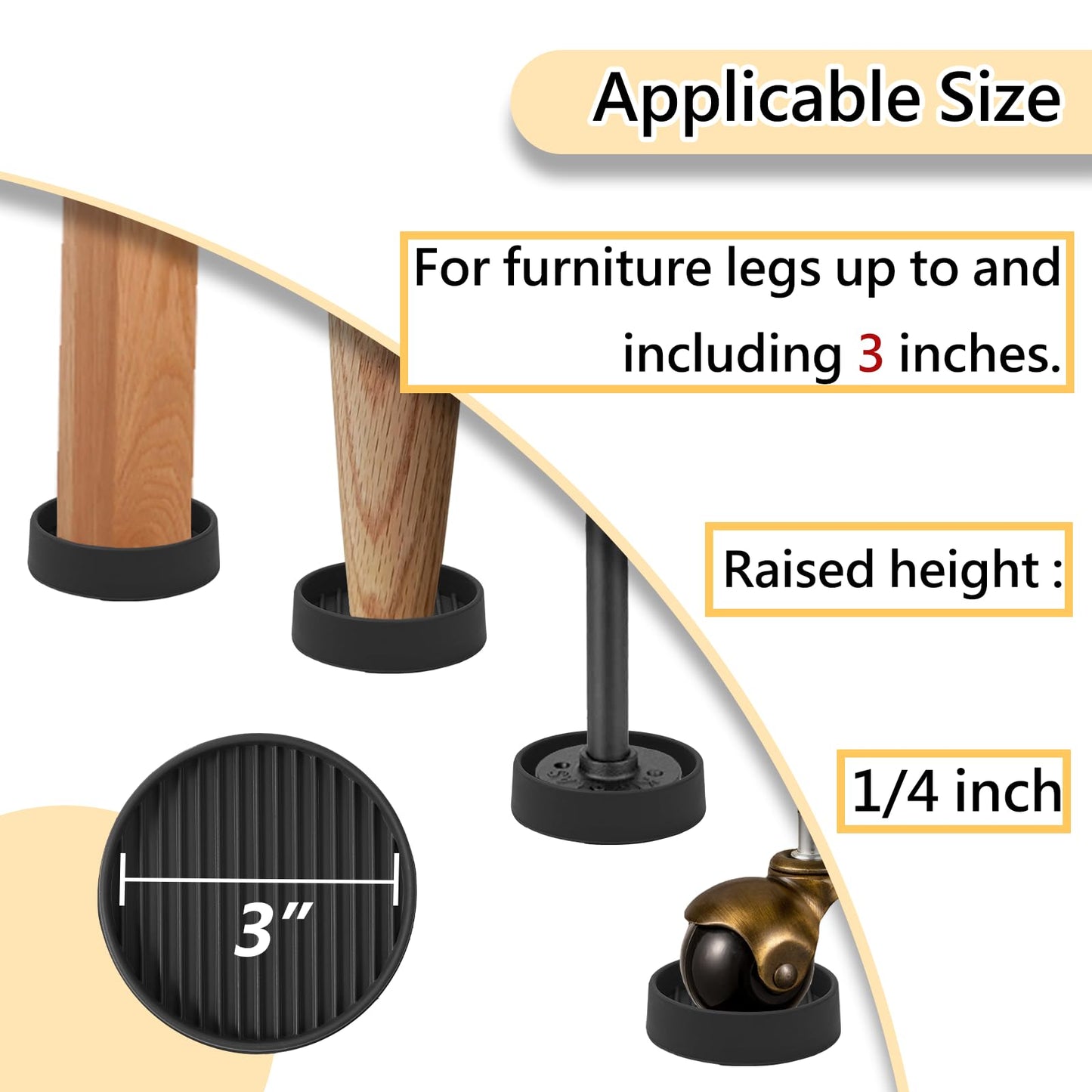 3x3 Round Rubber Furniture Caster Cups, Anti-Sliding Furniture Pads Bed Stopper Floor Protectors with Grip - Protect Any Flooring