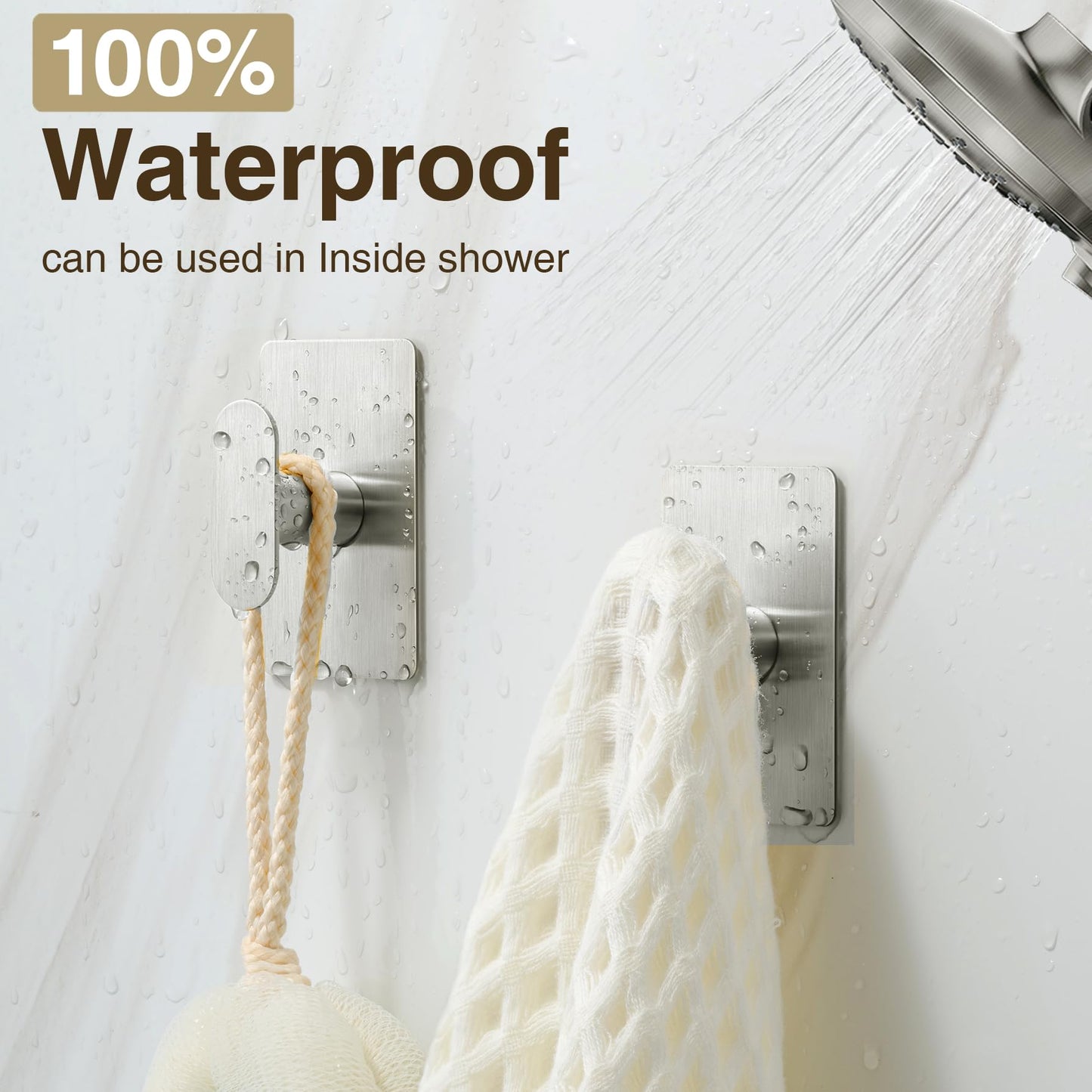 Adhesive Towel Hooks for Bathroom: 20LB Extra Strong Wall Hanger for Shower Kitchen RV Dorm Apartment, Silver 4 Pack