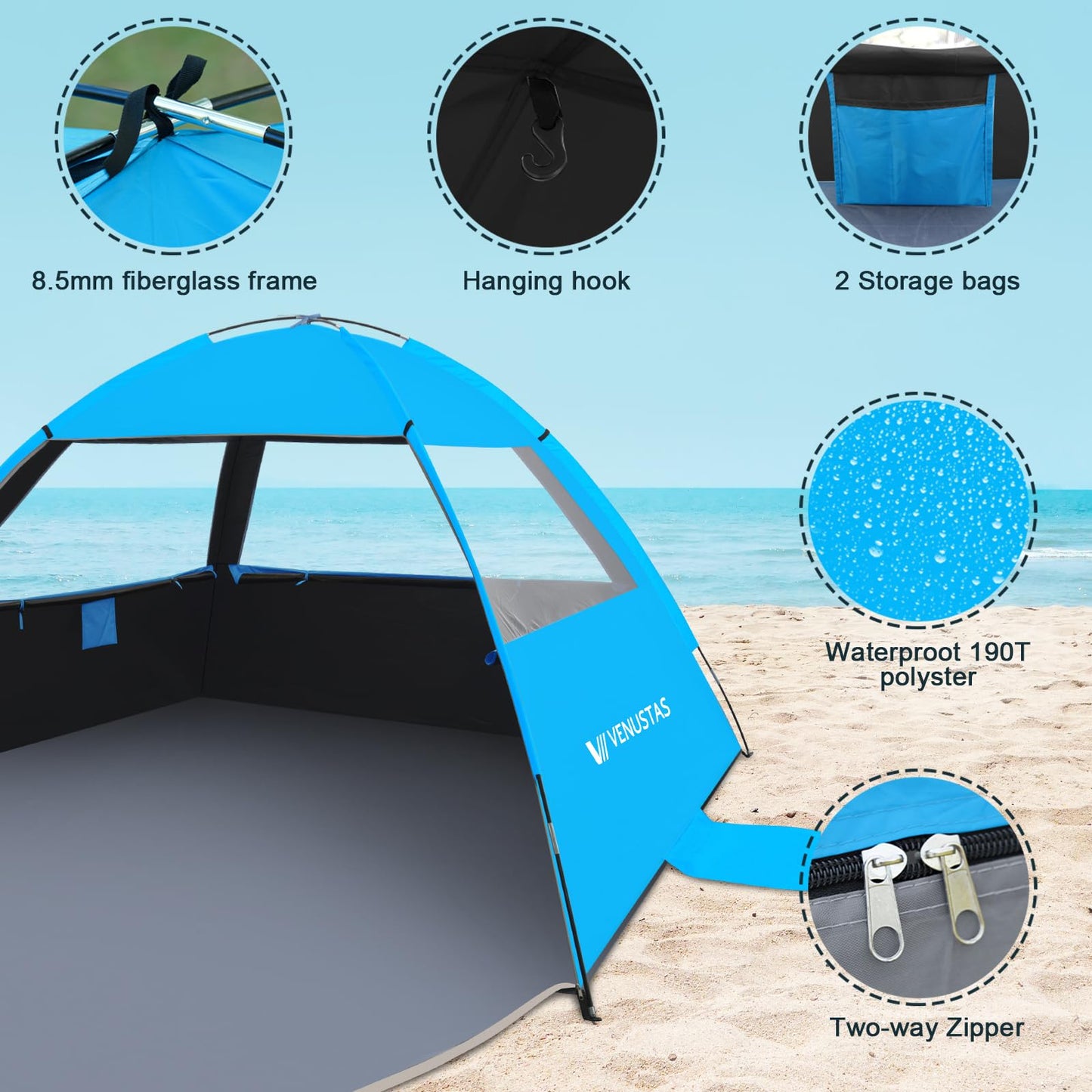 Venustas Beach Tent Sun Shelter for 3/4/6/8 Person, UPF 50+ UV Protection Beach Canopy, Lightweight and Easy Setup Cabana, Portable Shade Tent