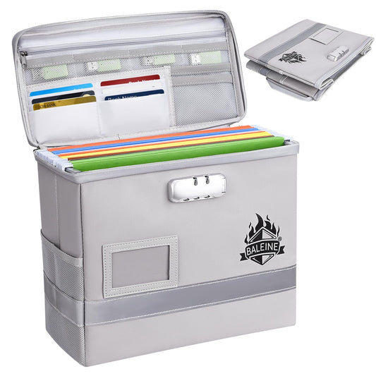 BALEINE Fireproof Document Box with Lock, Portable Fireproof Document Bag Waterproof Fire Proof File Boxes for Documents, File Organizer Box for Important Paperwork (Silver, 12.5''x10.5''x6'')