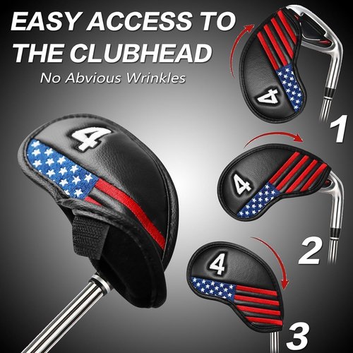 Golf Club Covers Iron Value 12 Pack Stylish Synthetic Leather Headcover, Embroidery Numbers Head Covers Universal Protector Fit Main Iron Wedge Clubs, Accessories Travel for Men Women (USA Flag)