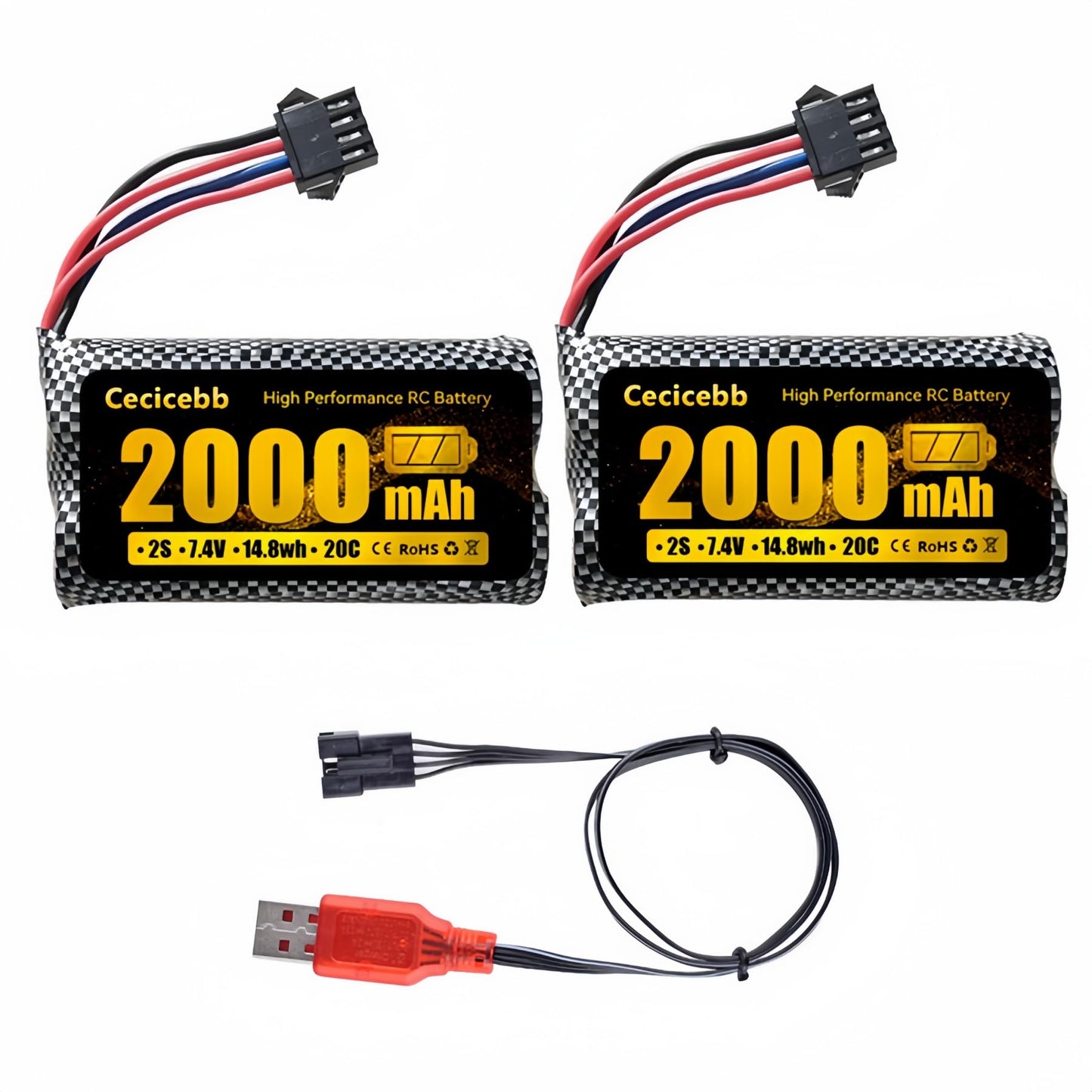 Cecicebb Airsoft Battery 2000mAh 7.4V Li-ion Battery with SM-4P Plug Fit for Airsoft Gun 2 Pack with USB Charger Cable