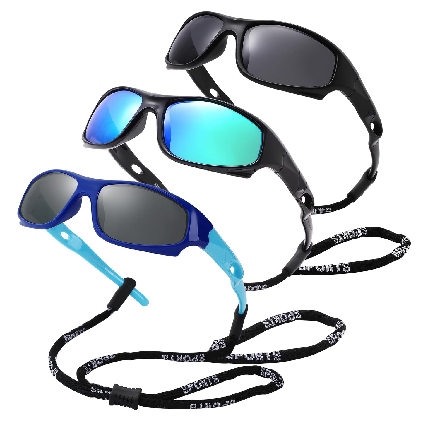 Pro Acme TR90 Unbreakable Polarized Sports Sunglasses for toddle kids Boys and Girls Children Youth Sunglasses With Strap for Age 3-12 (Blue/Sky Blue + Black/Green Mirrored+Matte Black)