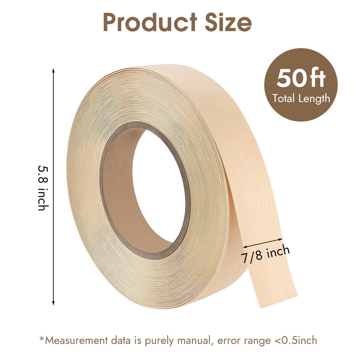BEVTEE Birch Edge Banding, 7/8 Inch x 50 ft Wood Veneer Roll Pre-glued, Flexible Birch Iron-on Veneer Edge Band for Plywood & Furniture Edging, Natural Wood Color for DIY & Professional Projects