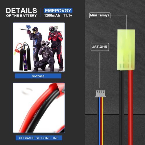 EMEPOVGY 3S Lipo Airsoft Battery 11.1V 1200mAh 20C Rechargeable Lithium Polymer Battery Pack with Mini TMY Plug for Air Soft Guns Rifle - Triple Stick 20122
