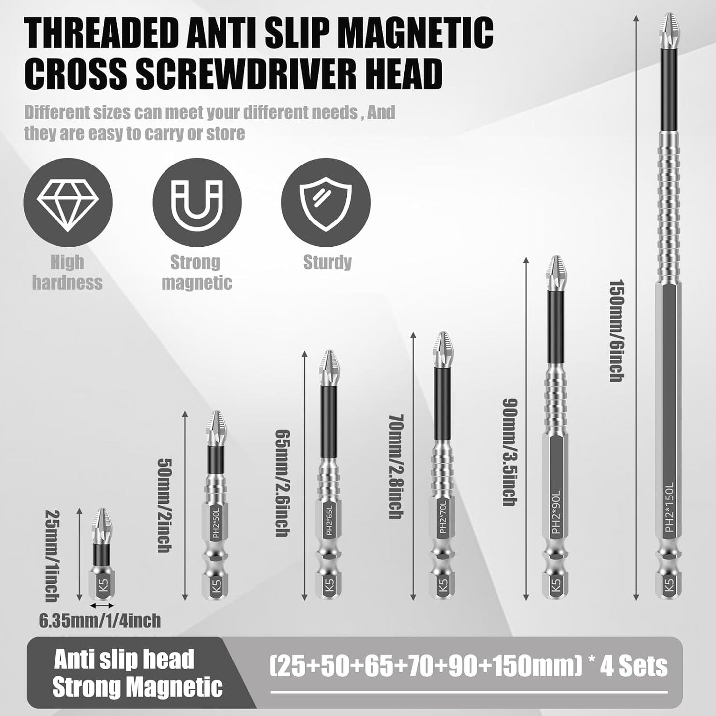 High Magnetic Screwdriver Drill Bit Set, K5 Impact Resistant Non Slip Bit, Anti-Slip Magnetic Electric Screwdriver Set, 25 50 65 70 90 150mm (12Pcs)