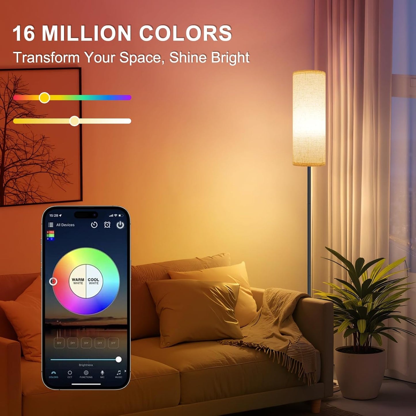 Modern Dimmable Floor Lamp with Remote - RGB Smart Bulb for Living Room, Bedroom & Office
