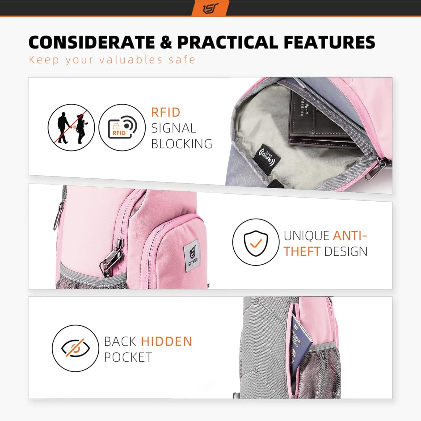 SKYSPER Sling Bag - RFID Crossbody Backpack for Travel & Hiking | Stylish Pink Daypack for Men & Women