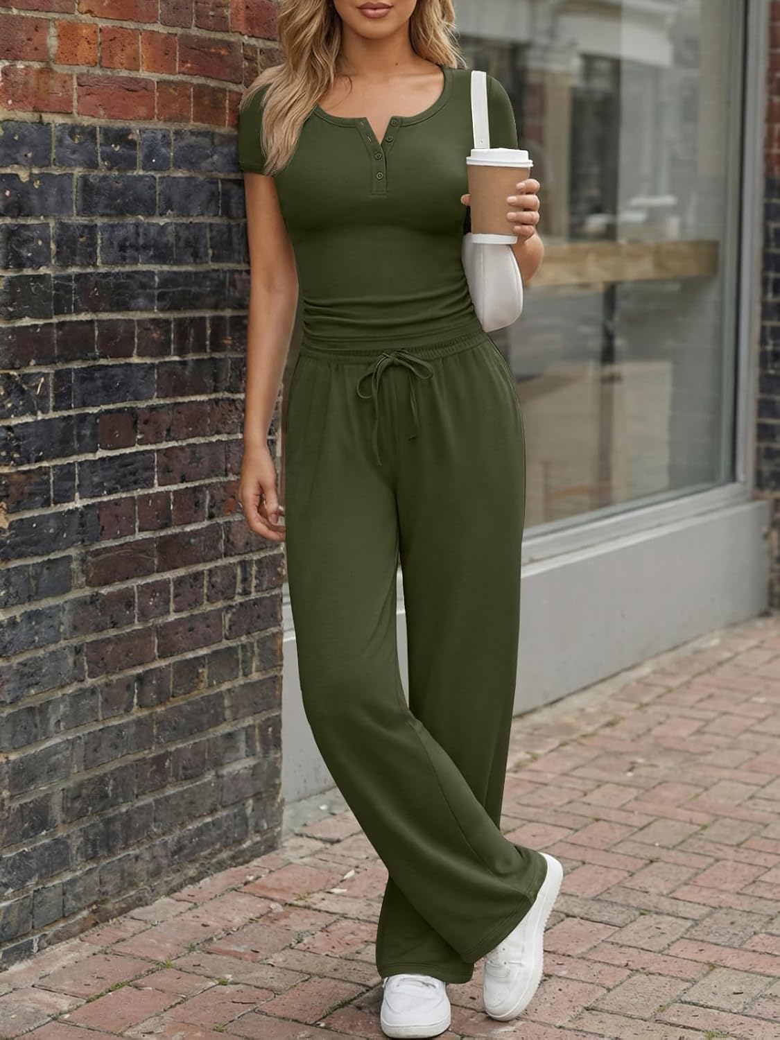 Trendy Queen Women's 2-Piece Lounge Set - Summer Henley Crop Top & Wide Leg Pants | Casual Comfort
