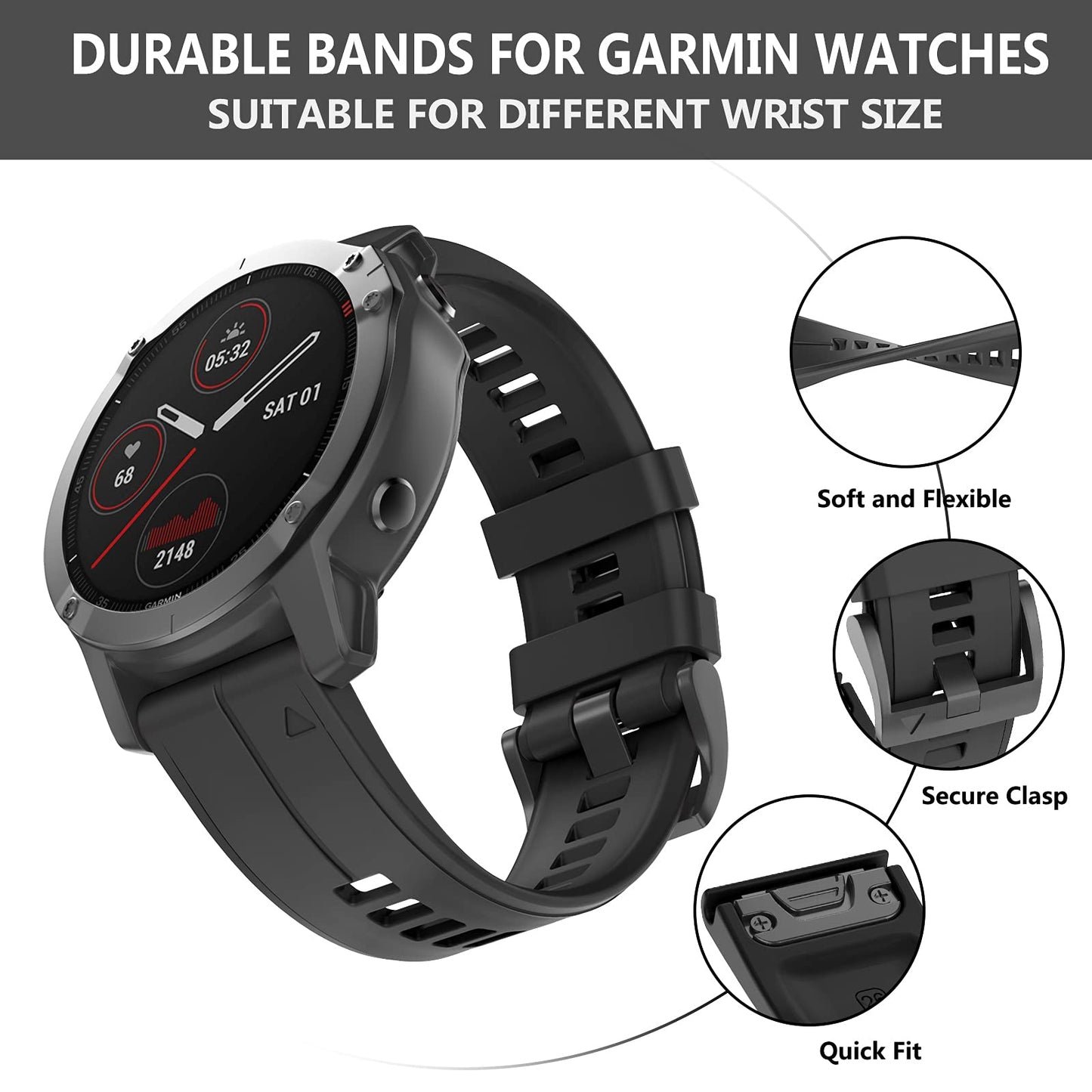 OVERSTEP Compatible with Garmin Fenix 5 Watch Band 22mm Soft Silicone Bands for Fenix 6/Fenix 7/Fenix 5 Plus/Fenix 6 Pro/Forerunner 935/Forerunner 945/Approach S60/Quatix 5 Smartwatch (Black)