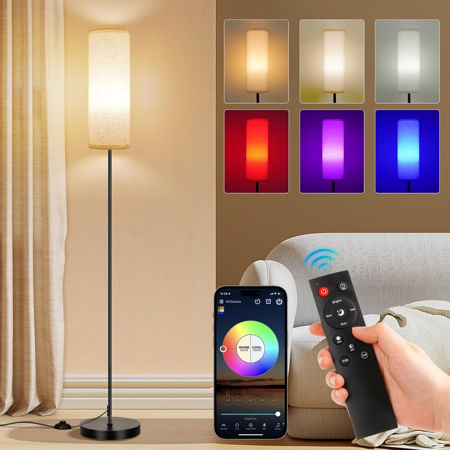 Modern Dimmable Floor Lamp with Remote - RGB Smart Bulb for Living Room, Bedroom & Office