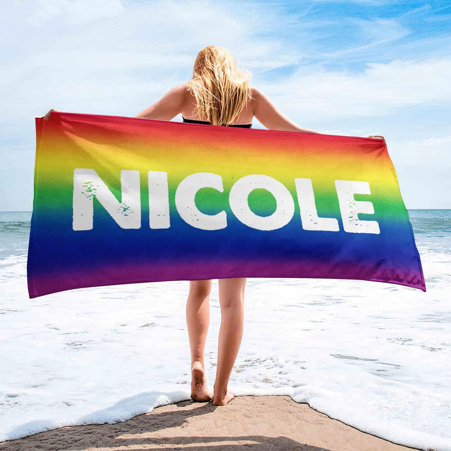 Dreamdecor Kids Personalized Beach Towel with Name, Striped Custom Beach Towels for Swimming Pool Vacation, Microfiber Sand Free Fast Drying Beach Towel - Easter Gift for Adults Women Men Kids