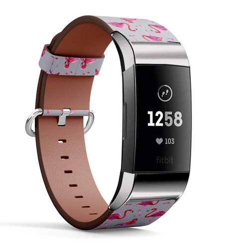 Compatible with Fitbit Charge 3 & 3 SE - Leather Wristband Bracelet Replacement Accessory Band (Includes Adapters) - Pink Flamingos