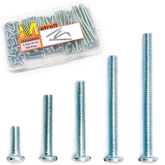 115 Pcs 5 Sizes #8-32 Machine Screws Knob Cabinet Screws Electricians Screws, Carbon Steel Zinc-Plated Phillips Pan Head Machine Screws Assortment Kit