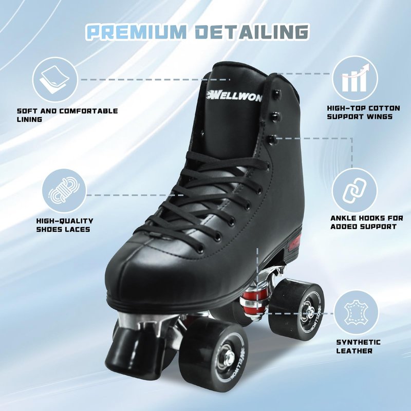 WELLWON Roller Skate for Women and Men, Classic Design High-Top PU Leather Quad Roller Skates for Outdoor and Indoor, Rollerskates for Beginner Size 10