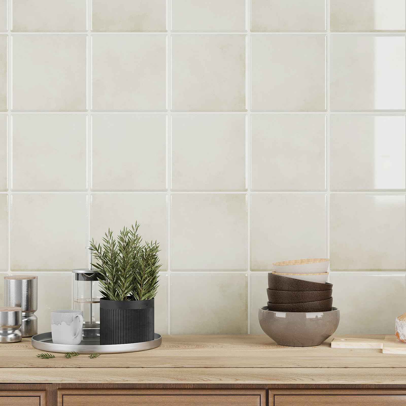 VEELIKE Cream Beige Peel and Stick Backsplash for Kitchen Square Peel and Stick Tile Backsplash 6 Sheets Self Adhesive Back Splash Tiles for Bathroom Waterproof Ceramic Wall Tile Stickers 12''x12''