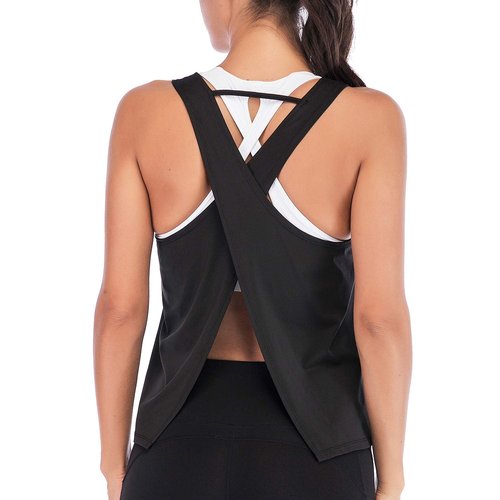 DREAM SLIM Tie Back Workout Tank for Women Loose Fit Cross Back Strappy Yoga Running Shirts Open Back Athletic Tanks (Black,L)
