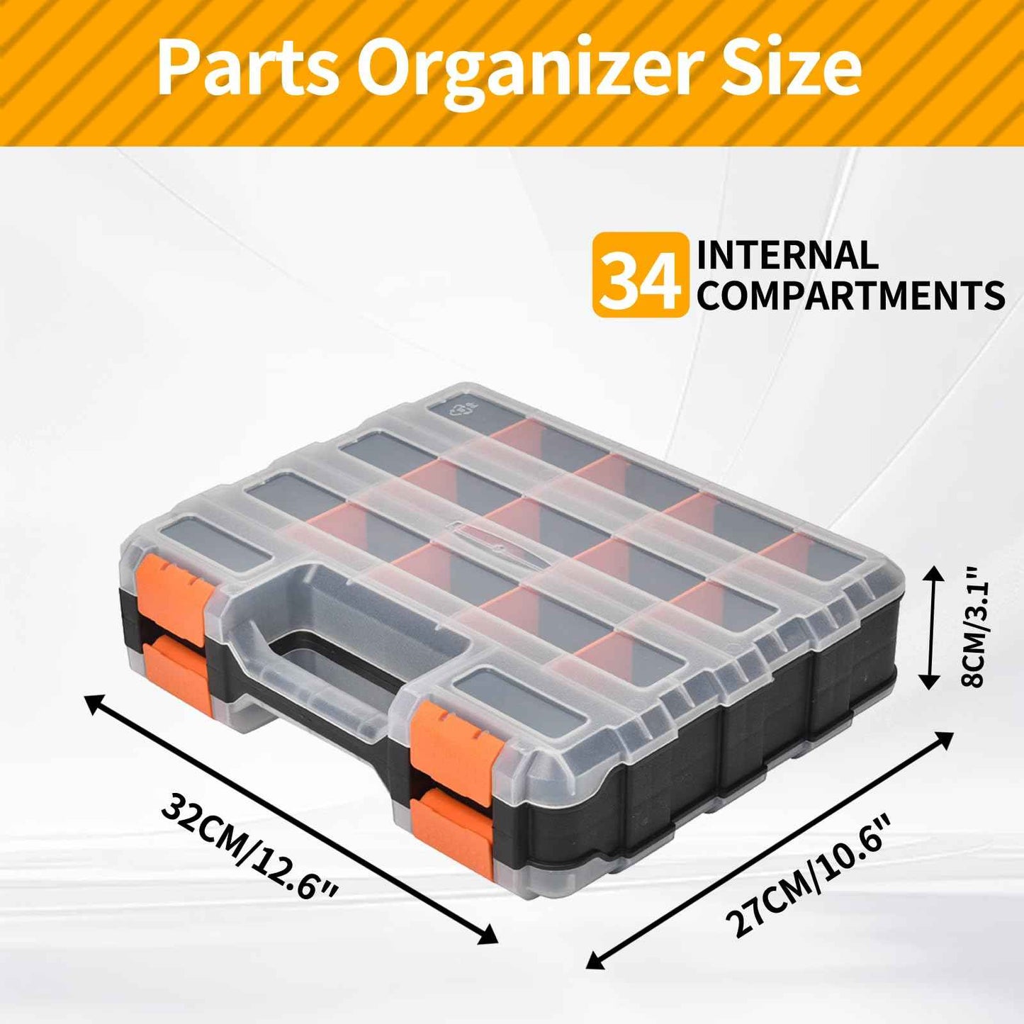 Small Parts Organizer, 34-Compartments Hardware Organizer Box, Double Side Storage Case Tools Box with Removable Dividers for Screws, Bolts, Nails, Beads, Jewelry & More