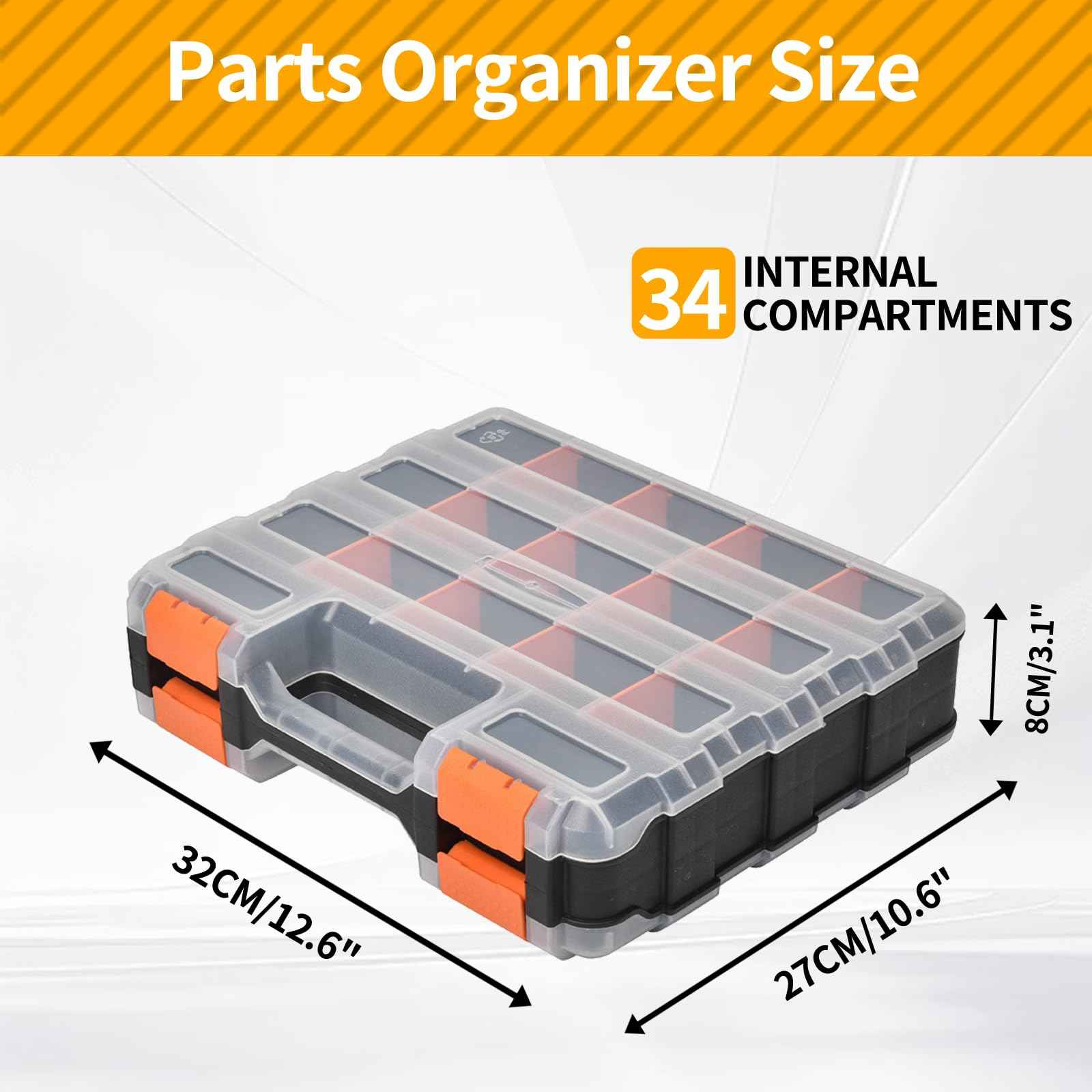 Small Parts Organizer, 34-Compartments Hardware Organizer Box, Double Side Storage Case Tools Box with Removable Dividers for Screws, Bolts, Nails, Beads, Jewelry & More