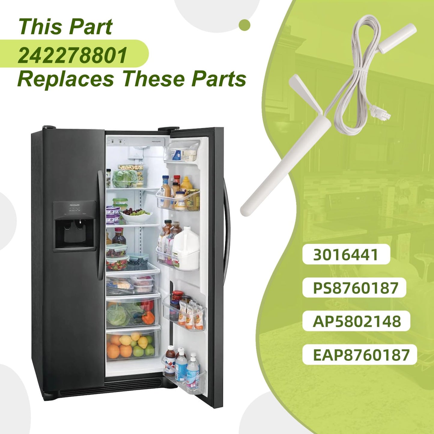 OEM 242278801 Refrigerator Thermistor Compatible with Frigidaire White-Westinghouse Crosley,Replace 3016441 AP5802148 PS8760187 EAP8760187