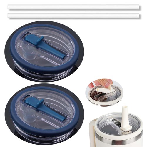 2Pcs 40 oz Replacement Tumbler Flip Straw Lid Compatible with Stanley Cup 40oz Tumbler,121 color combinations,Stanley Flip Straw Lid No odour and leak-proof (Denim blue+Denim blue)