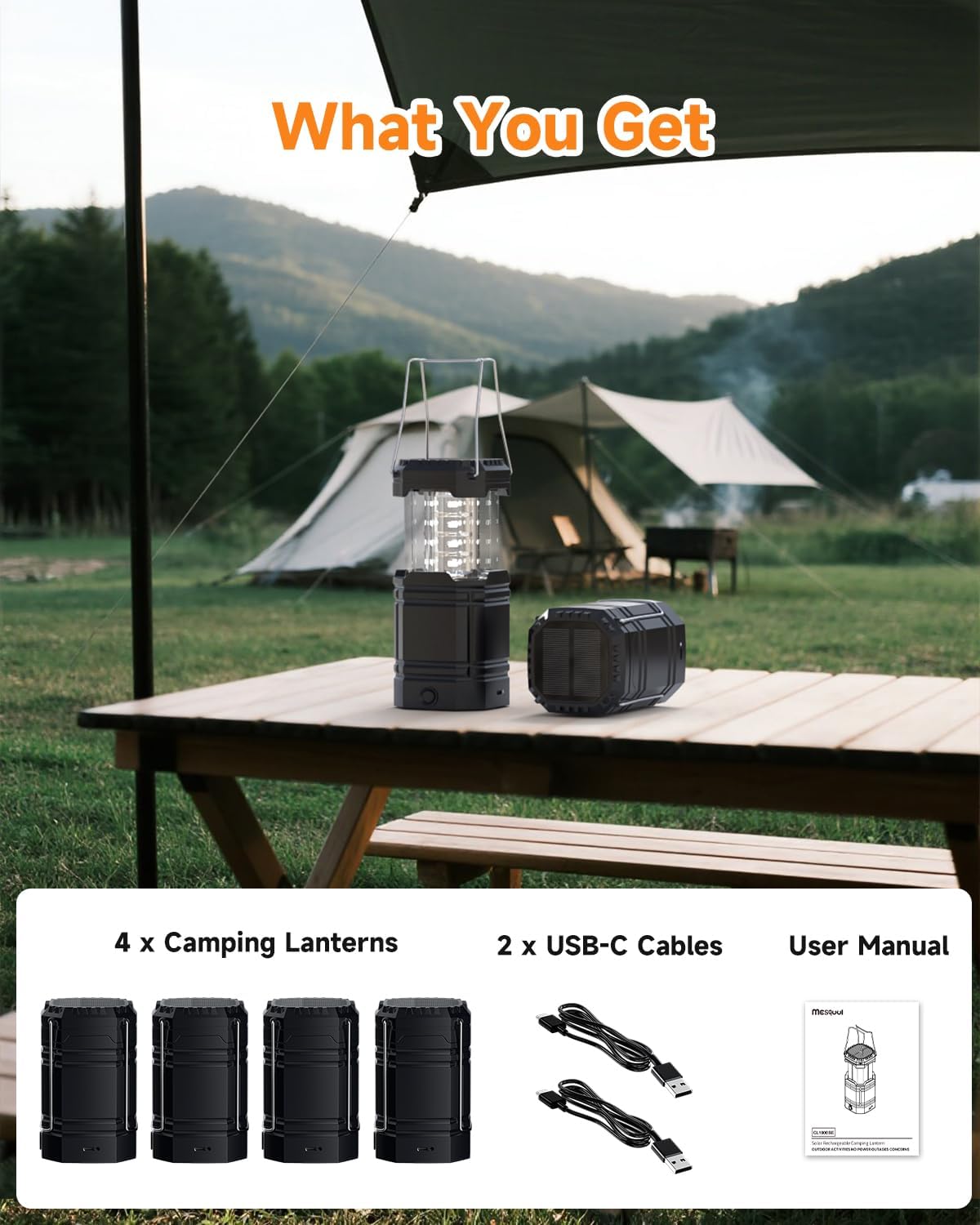 Solar Camping Lantern 4 Pack - Rechargeable LED Lanterns with USB-C & Solar Power | Collapsible Emergency Lights
