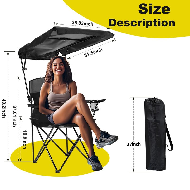 YOUNG WOOD Camping Chair with Canopy, Beach Chair with Shade,Portable,Lightweight Oversized for All, Easy to Open and Close Without Installation, Side Pocket Design for All Outdoor Activities，Black