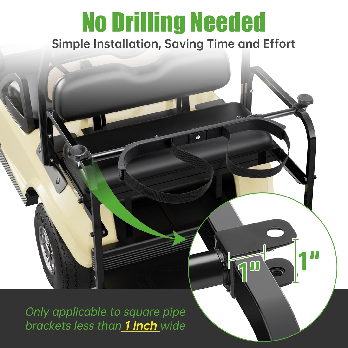 10L0L No Drilling Golf Cart Bag Holder, Universal Adjustable Rear Seat Bag Attachment for 2+2 Seater with 1” Square Metal Frame (Not for Plastic), Stainless Steel Bracket, Fits Yamaha,EZGO, Club Car