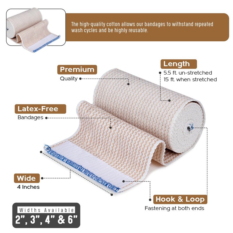 Premium Elastic Bandage Wrap (4” Wide, 6 Pack) - Nexskin Latex Free Athletic/Medical Compression Bandages Hook & Loop Fasteners at Both Ends - Lifetime Washable & Reusable Bandages